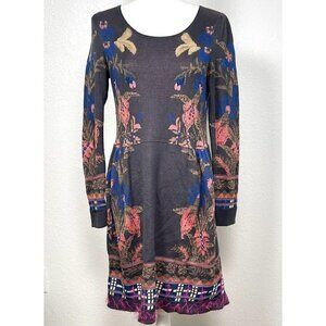 KNITTED & KNOTTED Anthropologie Womens SMALL Gray/Salmon Floral SWEATER TUNIC